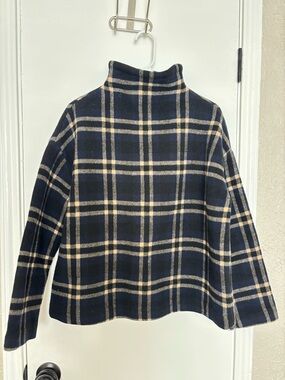 Ganni Navy Plaid Funnel Neck Pullover with Cream Stripes